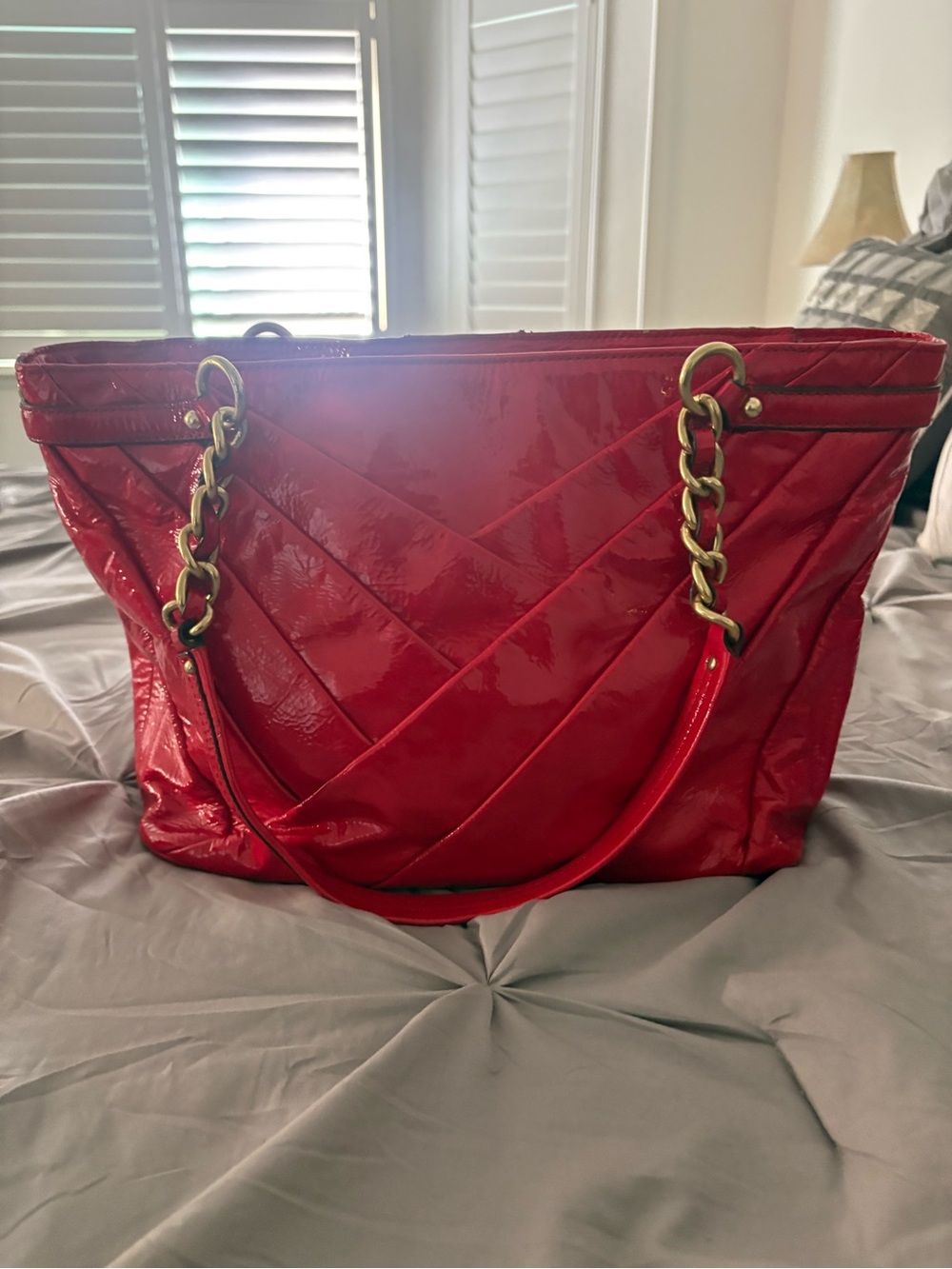 Coach Red Patent Leather Quilted Tote with Gold Hardware - Picture 3 of 6